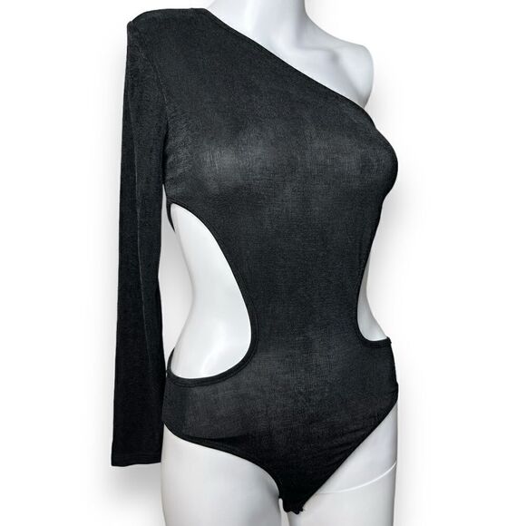 SHEIN One Sleeve Cut Out Bodysuit Black Size XS - Picture 1 of 4
